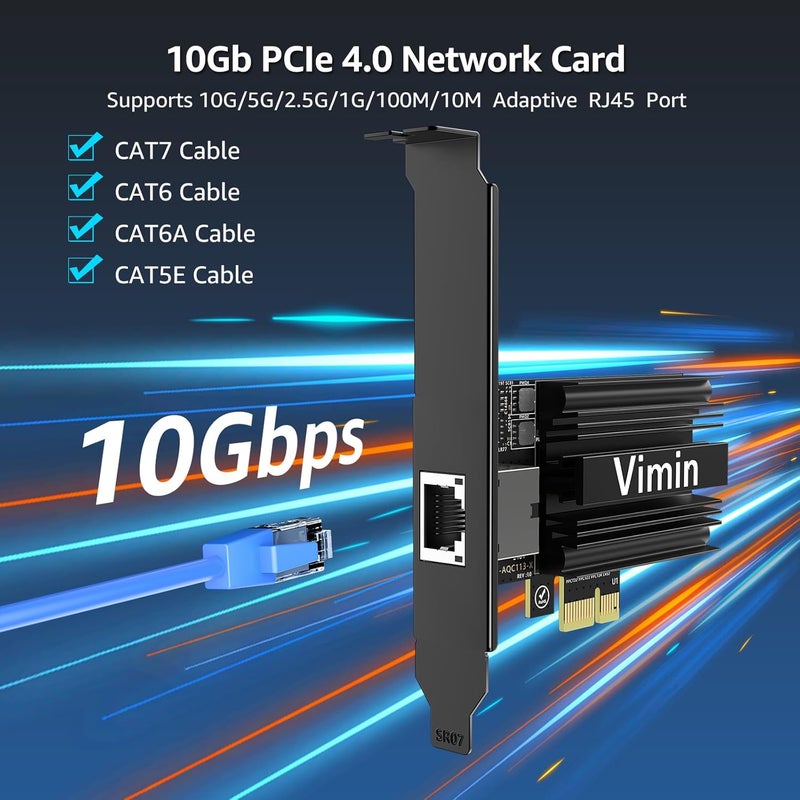 Vmin 10G PCIE4.0×1 Network Card, Marvel AQC113 Controller, 10Gb Base-T Ethernet Adapter Card Compatible with PCI Express X1,X4,X8,X16, 10G NIC RJ45 Port Support Windows/Windows Server/Linux/VMware - Image 2